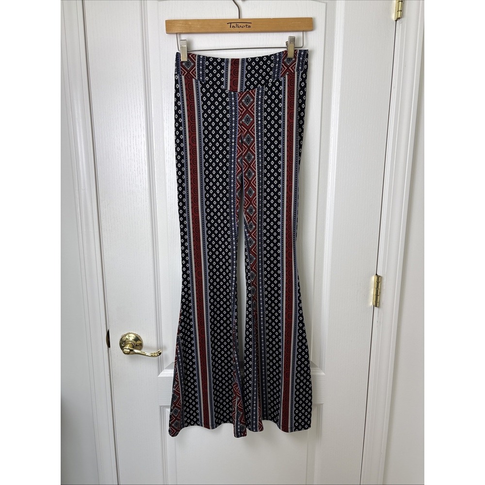 About A Girl Womens XS Boho Flare Pants Smocked Waist 70s Bell Bottoms Navy Red